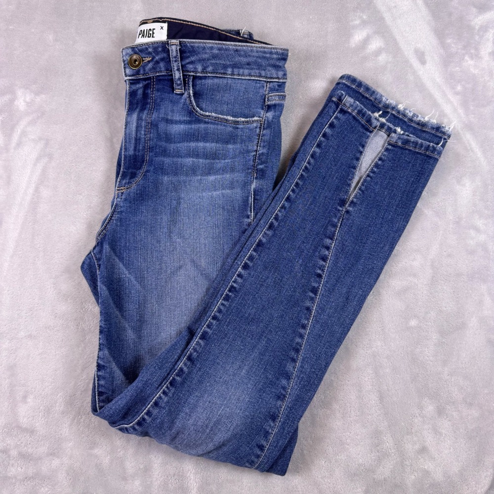 Paige Women 27 Skinny Jeans Medium Wash Split Raw Hem Front Seam Blue Denim